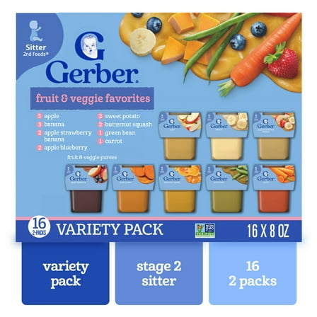 Gerber 2nd Foods Natural for Baby Fruit & Veggie Favorites, Variety Pack, 4 oz Tubs (32 Pack)