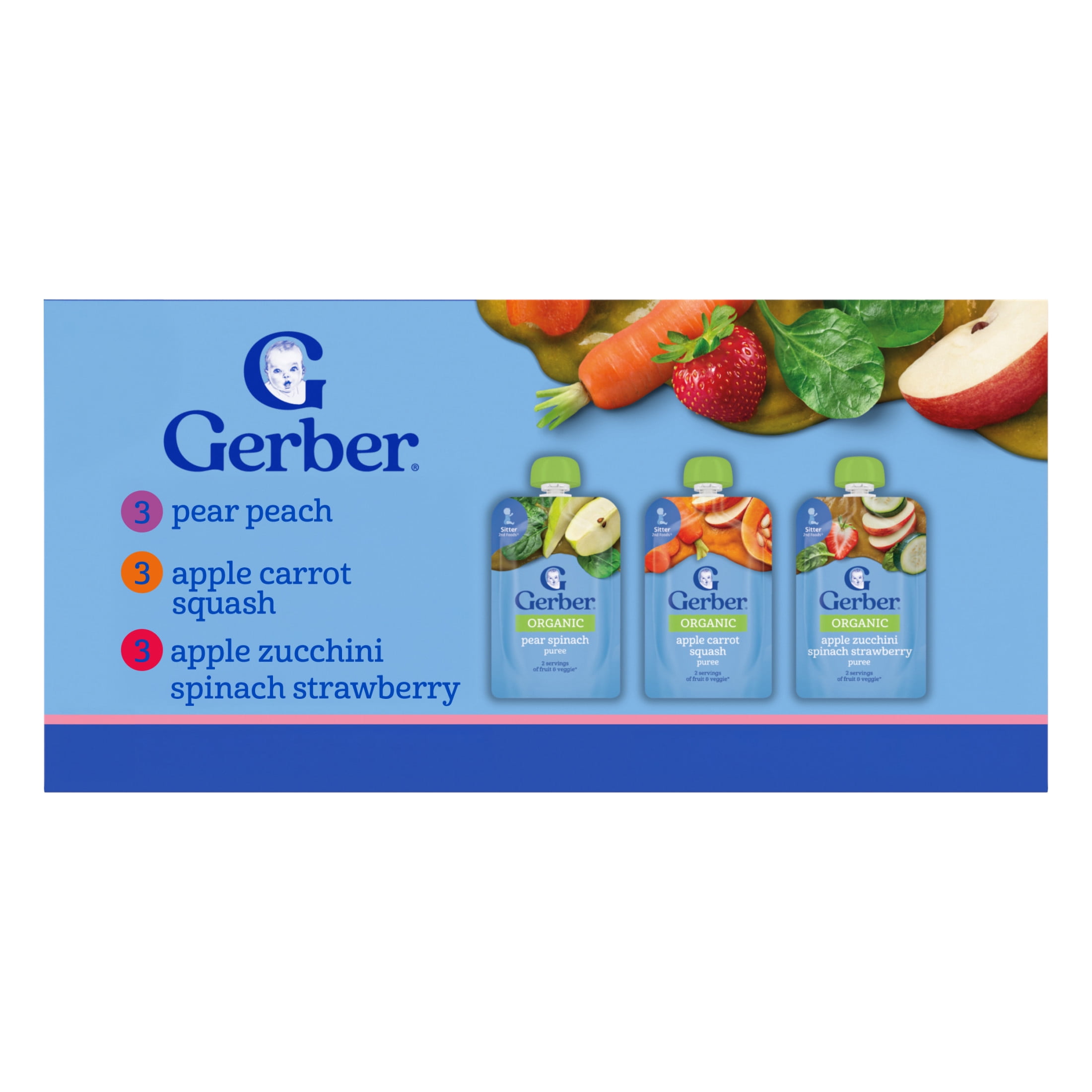Gerber Organic Stage 2 Baby Food Puree, Variety Pack, Fruit & Veggies, 3.5 oz Pouches (9 Pack)
