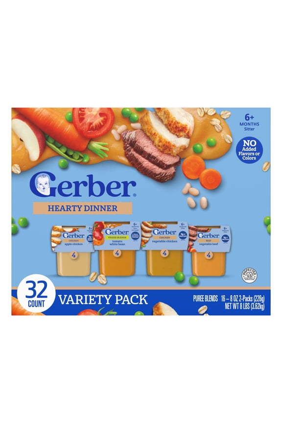 Stage 2 Baby Food, Meat & Vegetable Puree Meals, Variety Pack, 4 oz Tub (32 Pack)