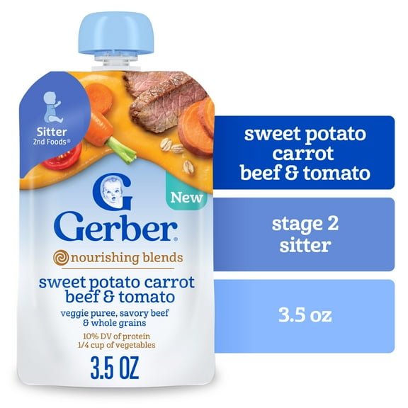 Gerber Stage 2 Baby Food, Sweet Potato Carrot Beef & Tomato, Baby Food Pouches, Puree 3.5 oz