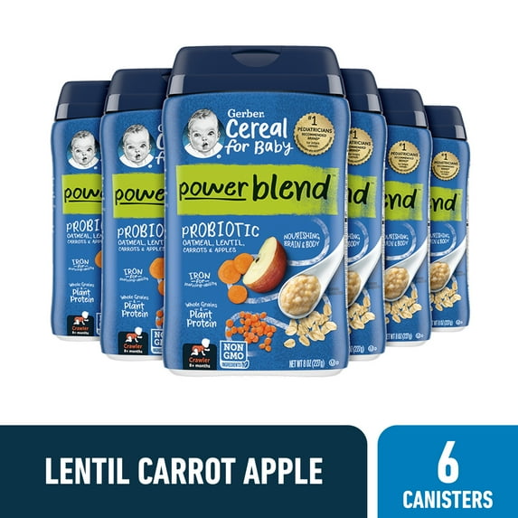 Gerber Cereal 3rd Foods Probiotic Lentil Carrot Apple Oatmeal Baby Cereal, 8 oz Canisters (6 Pack)
