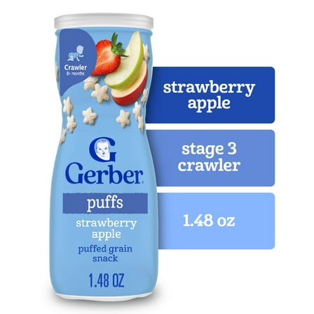 Gerber Baby Snacks, Grain & Grow Puffs, Strawberry Apple, Clean Label Project, 1.48 oz Canister