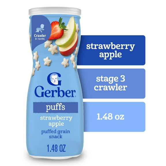 Gerber Baby Snacks, Grain & Grow Puffs, Strawberry Apple, Clean Label Project, 1.48 oz Canister