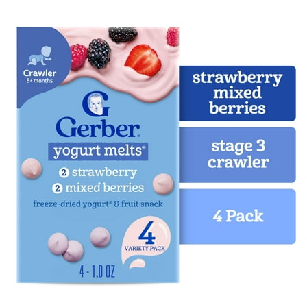 Gerber Snacks for Baby Yogurt Melts, Strawberry & Mixed Berry Variety Pack, 1 oz Bag, 4 count