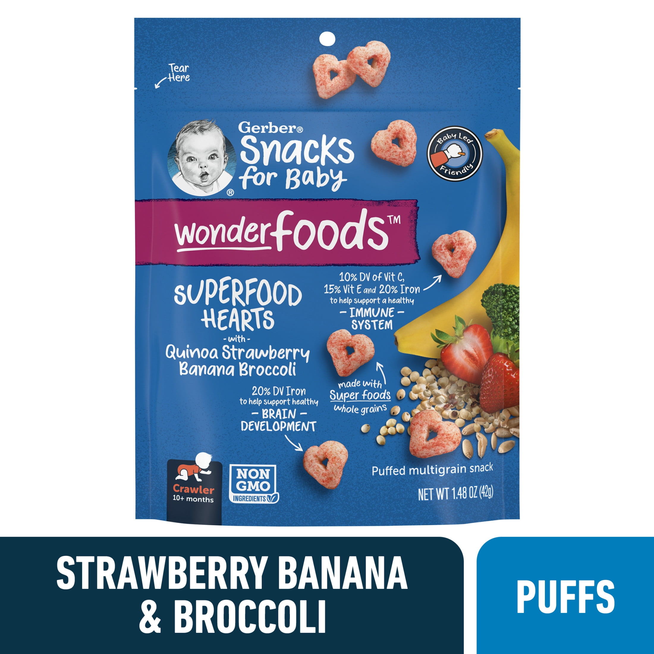 Gerber SuperFoods Hearts Quinoa Banana Strawberry Broccoli Baby Snacks, 1.48 oz Bag