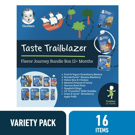 Gerber Taste Trailblazer Toddler Pouches Snacks & Meals, Baby Food Variety Pack, Pack of 16