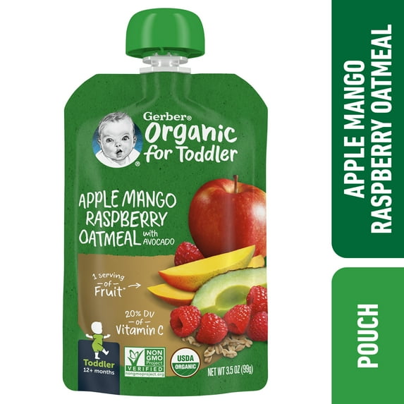 Gerber Organic for Toddler, Apple Mango Raspberry Oatmeal with Avocado, 3.5 oz Pouch