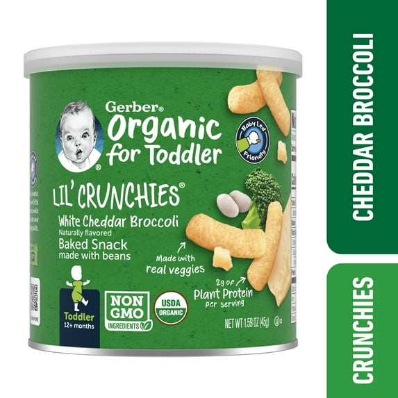 Gerber 2nd Foods Organic for Toddler, Lil' Crunchies, White Cheddar Broccoli, 1.59 oz Canister