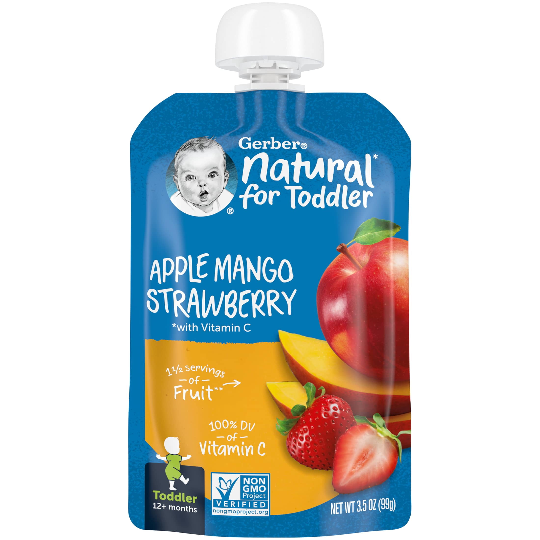Gerber Stage 2 Baby Food, Apple Mango Strawberry Puree, 3.5 oz Pouch​