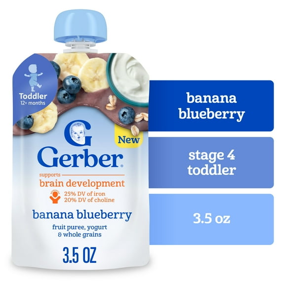 Gerber Toddler Food, Banana Blueberry, Fruit Puree, Yogurt & Whole Grains Pouches 3.5 oz