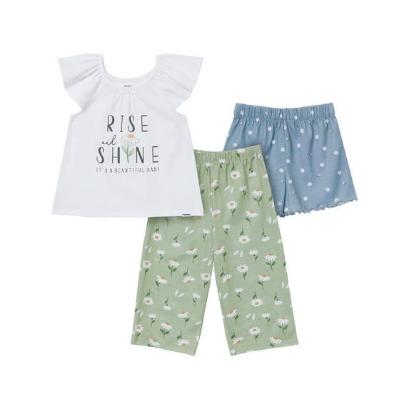 Gerber Toddler Girl 3-Piece Top, Pant and Short Pajama Set, Sizes 2T-5T