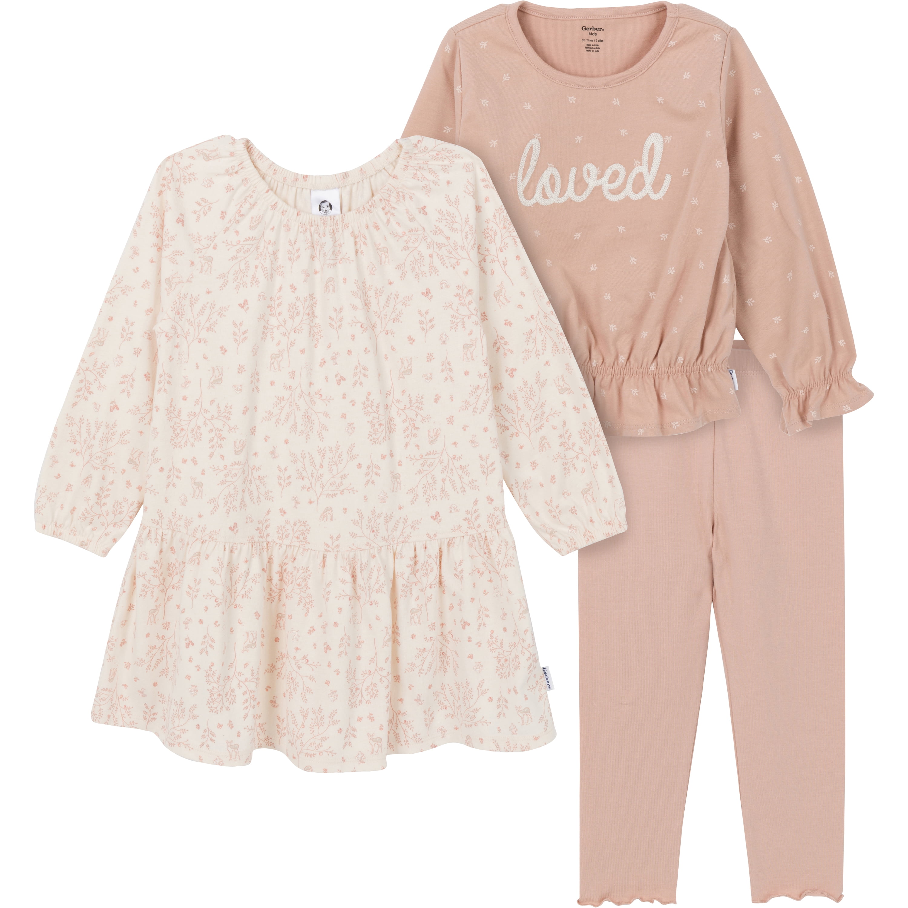 Gerber Toddler Girl Dress, Top and Legging Set, 3-Piece, Sizes 2T-5T