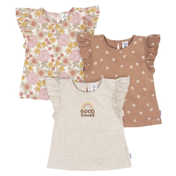 Gerber Toddler Girl Ruffle Sleeves T-Shirt, 3-Pack, Sizes 12 Months - 5T
