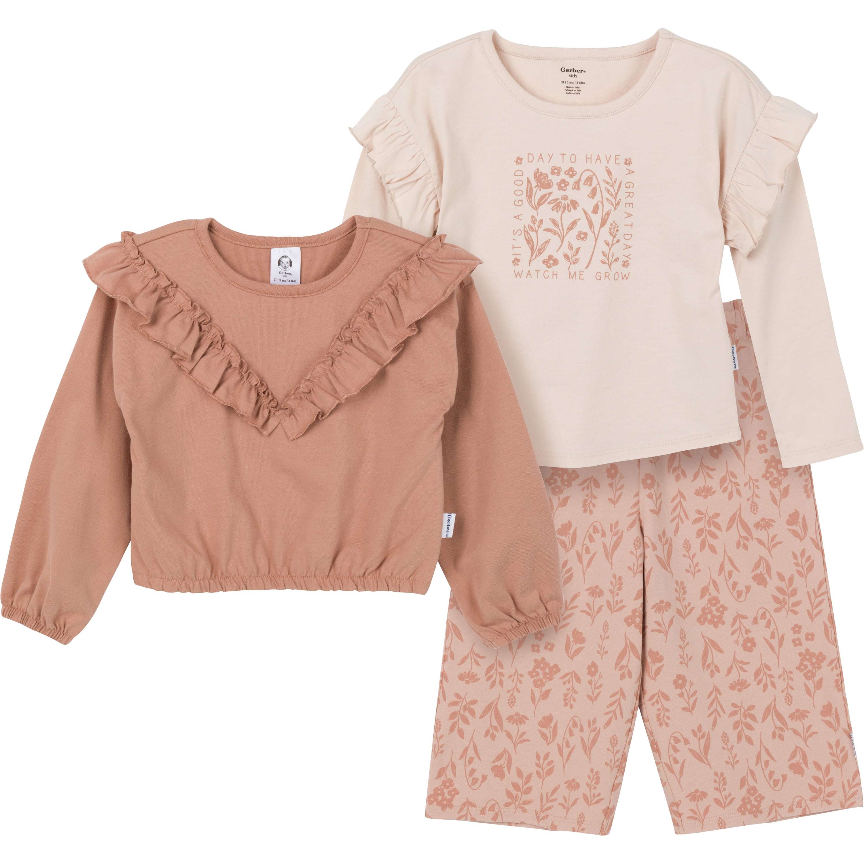 Gerber Toddler Girl Tops and Pants Outfit Set, 3-Piece, Sizes 2T-5T