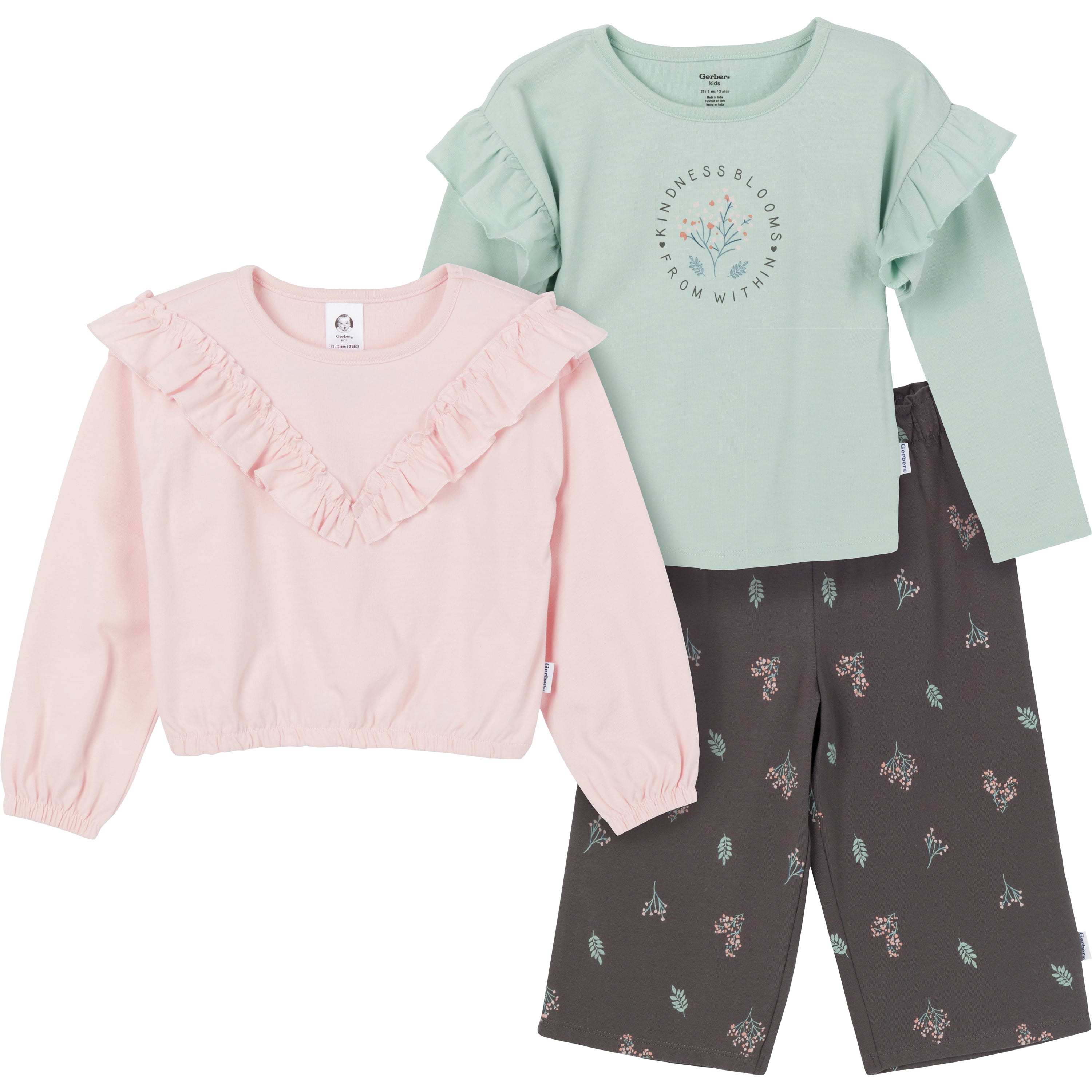 Gerber Toddler Girl Tops and Pants Outfit Set, 3-Piece, Sizes 2T-5T