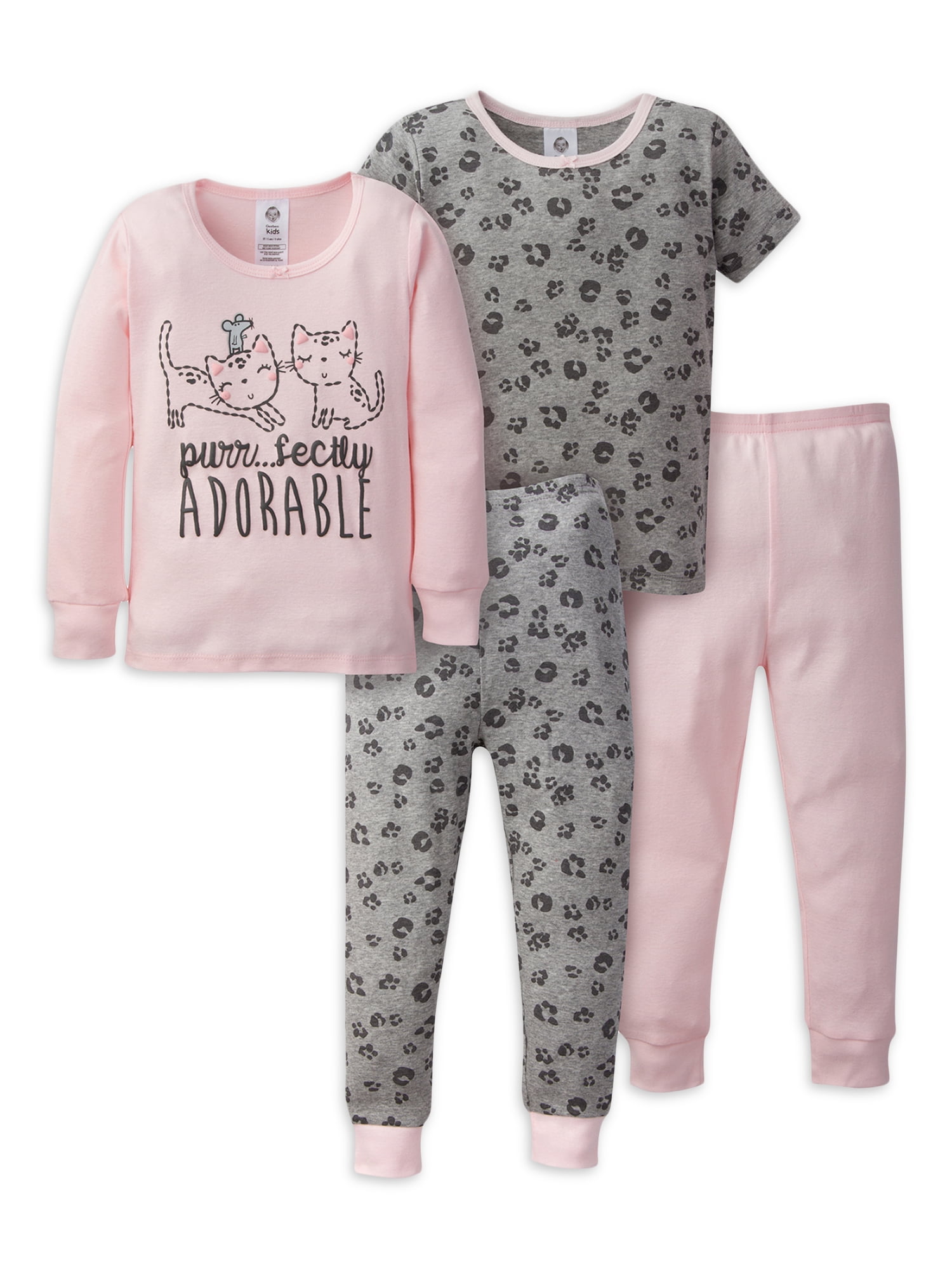 Toddler / Kids 4-piece Organic Cotton Pajamas 4-in 1 PJ Snug fit Pjs for Girls / Boys Grey