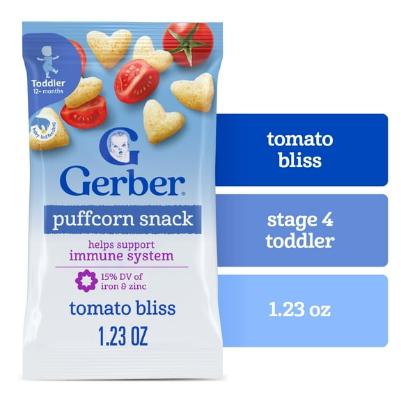 Gerber Toddler Snacks, Tomato Bliss Puffcorn Snack, Kernel Free, Toddler Food 1.23 oz