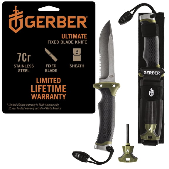 Gerber Ultimate Camping & Survival Knife, 4.75 Fixed Blade with Fire Starter, Green