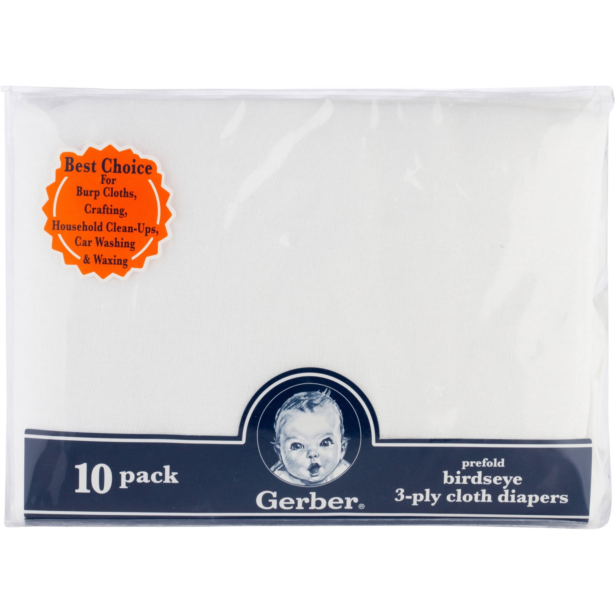 Gerber Unisex Baby Boys Girls White Birdseye Prefold Cloth Diapers Multipack 3-Ply, 10-Pack