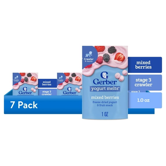 (7 pack) Gerber Stage 3 Baby Food Snacks, Mixed Berries Yogurt Melts, Baby Led Feeding, 7PK