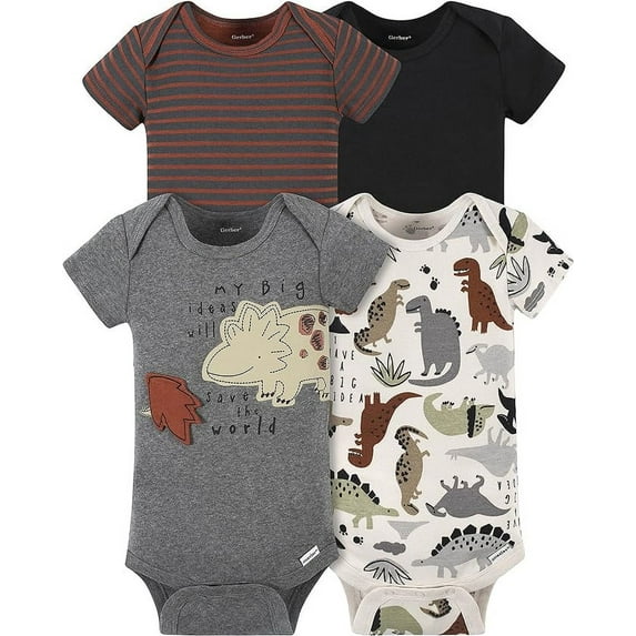 Gerber baby-boys 4-pack Short Sleeve Onesies Bodysuits 18 Months, Dino Grey