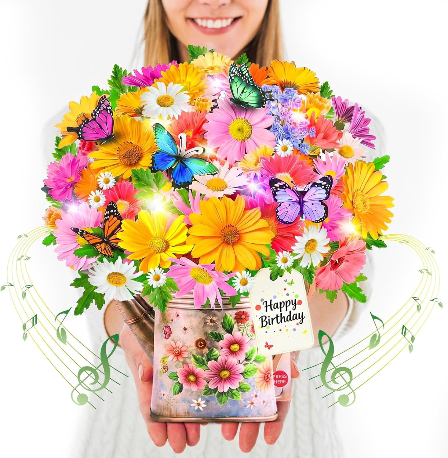 Gerbera Daisy and Butterflies Birthday Cards with Light Music, Forever Flower Bouquet Happy Card, 10 Inch Life Sized , 3D Pop Up Gift Card for Women Wife Daughter Mom Sister