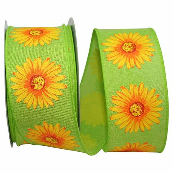 Gerbera Daisy Linen Ribbon -- 2.5" x 20 yards -- Lime / Yellow