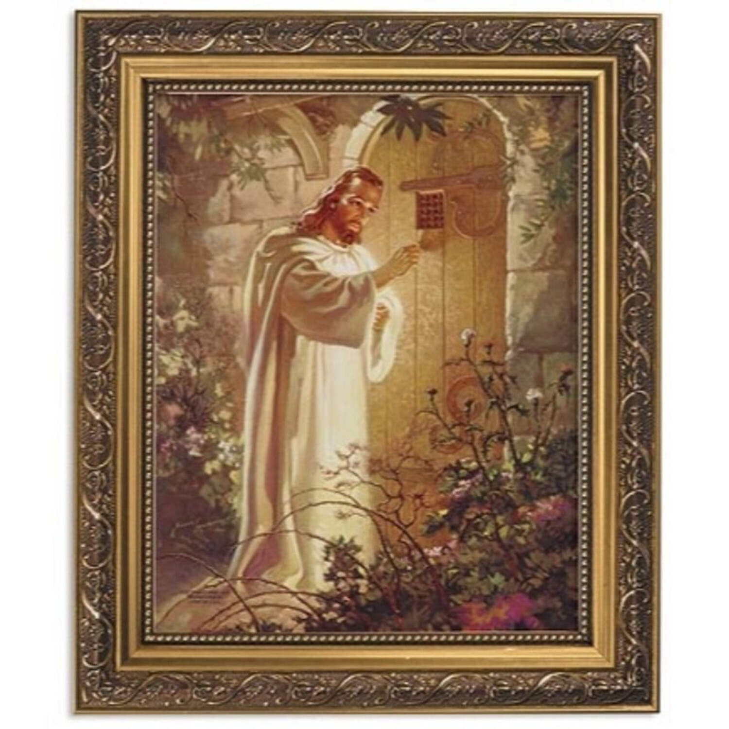Gold Framed Religious Print with Christ Knocking at Door, 11 x 13 Inches