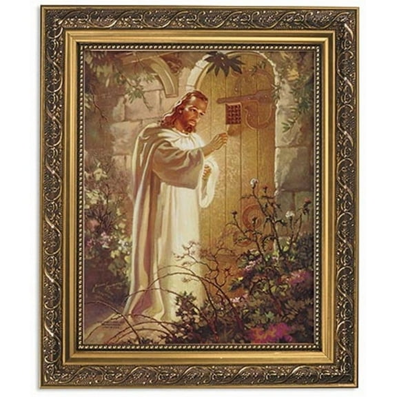 Gerffert Collection Christ at Heart's Door Religious Framed Portrait Print, 13 Inch Ornate Gold Tone Finish Frame