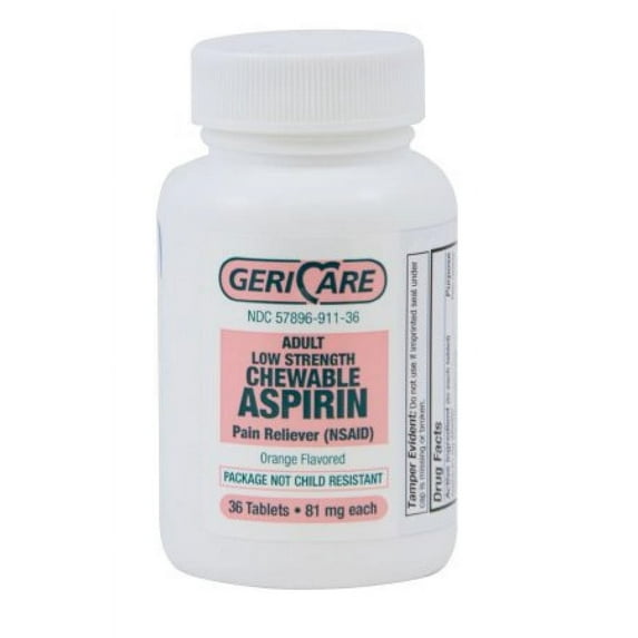 Geri-Care Adult Low Strength Chewable Aspirin 81 milligram Strength, 36 Tablets per Bottle, Latex-free, 12 Count