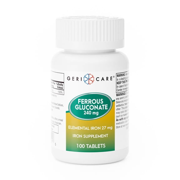 Geri-Care Iron Supplements, Ferrous Gluconate Tablets, 240 mg, 1 Bottle, 100 per Bottle