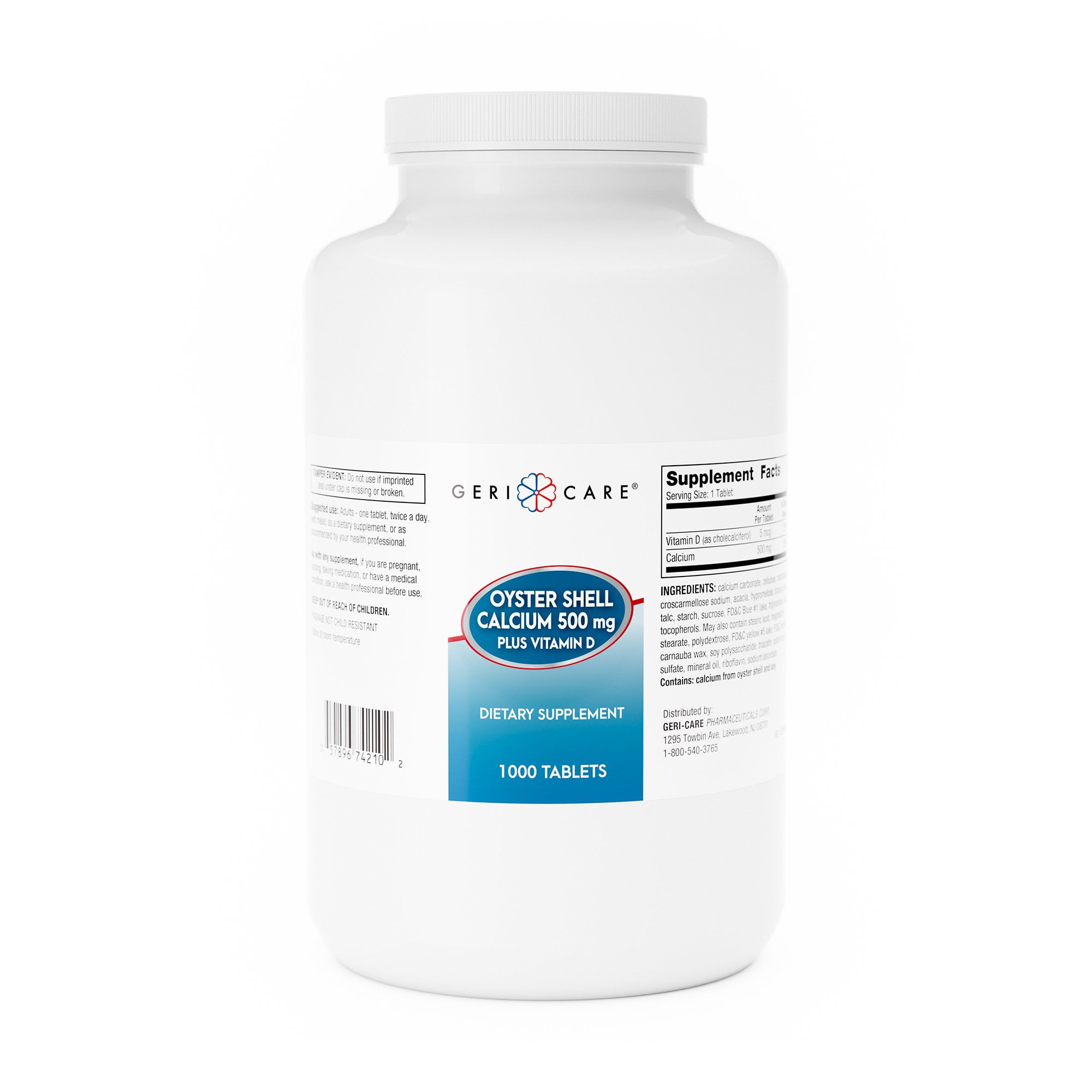 Geri-Care Oyster Shell Calcium Tablets Plus Vitamin - 500 mg, 200 IU Strength, 1000 Ct