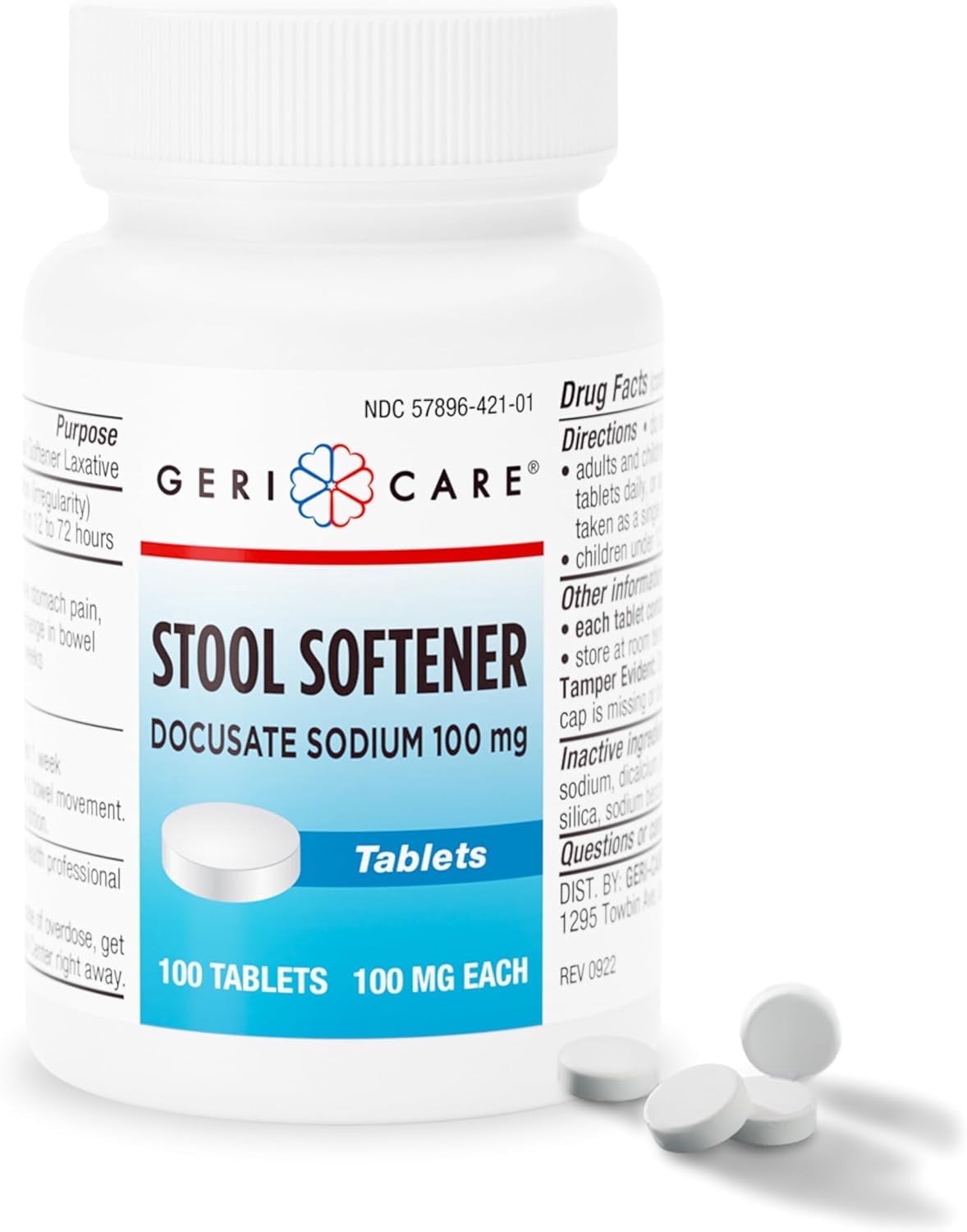 Gericare Stool Softener Docusate Sodium 100mg Laxative Tablets for Constipation Relief, 100 Count