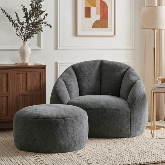 Gericco 47" Microfiber Bean Bag Chair with Ottoman Memory Foam Filling No Assembly Required for Living Room Bedroom,Grey