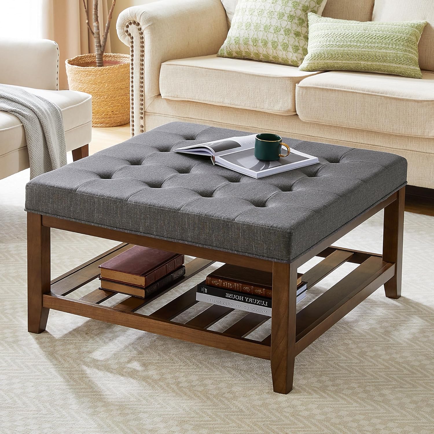Gericco Square Ottoman Coffee Table with Storage, Upholstered Button