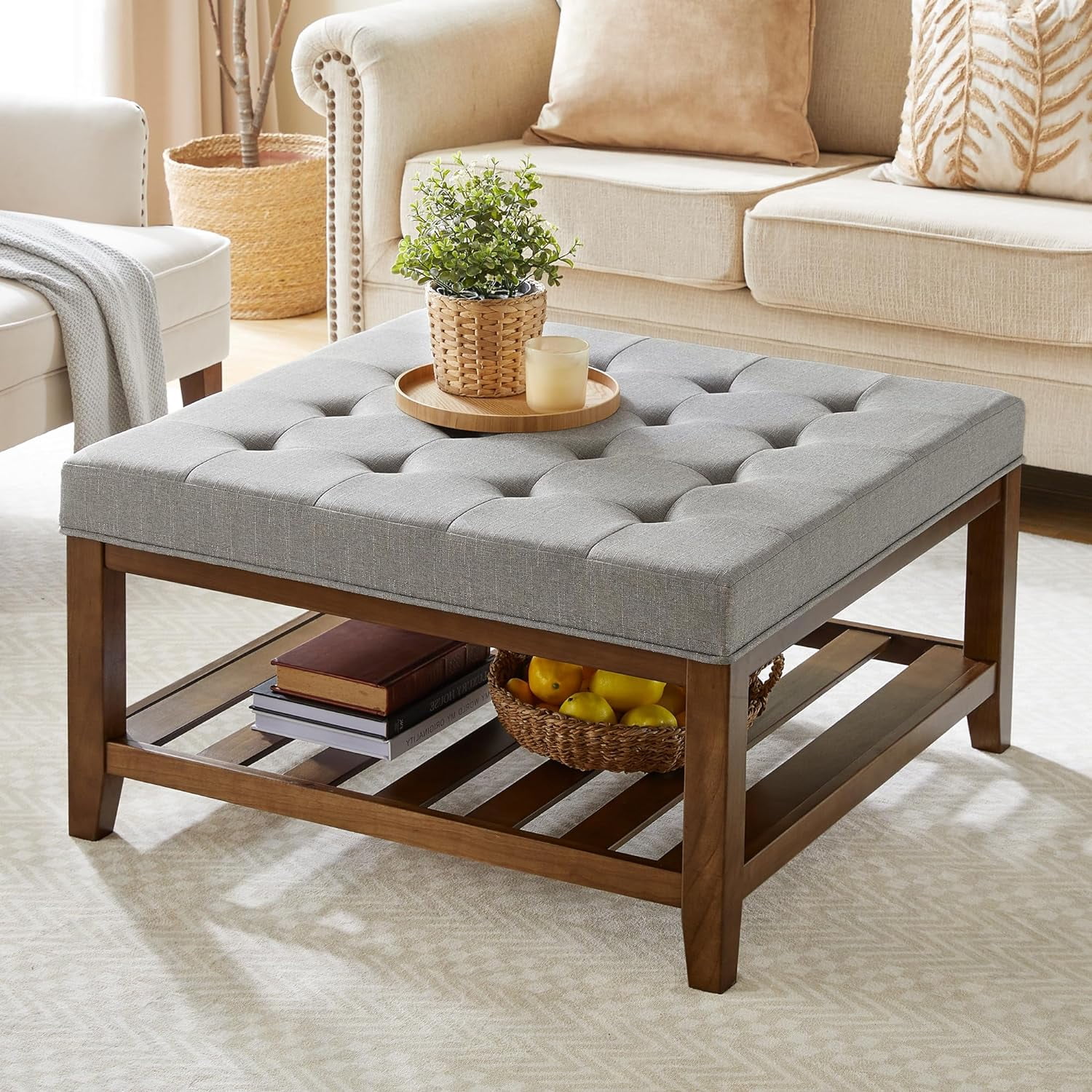 Gericco Upholstered Button Tufted Linen Ottoman Coffee Table Square Footstool with Storage Solid Wood Shelf Beige Walmart