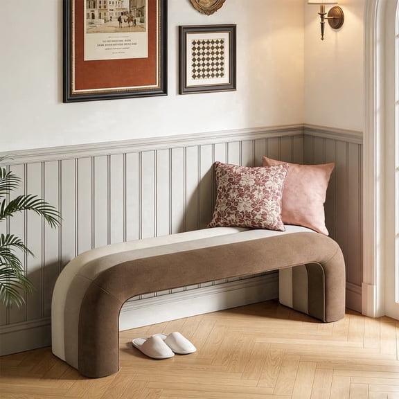 Gericco Upholstered Waterfall Bench,Entryway Bench for Living Room, Bedroom and Hallway, Khaki