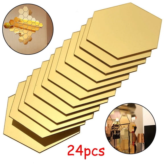 Gerich 24 Pcs Hexagon Mirror Sticker,Geometric Hexagon Acrylic Mirror Removable Bedroom Art,Mirror Wall Sticker Home Decor,Self-adhesive Mosaic Tiles PS Bathroom Decorate,Gold