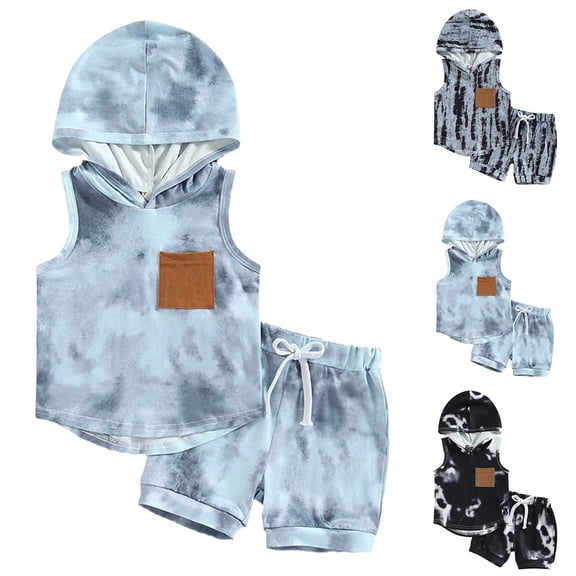 Gerichy 2Pcs Toddler Baby Boy Short Pants Set Tie Dye Short Sleeve Hooded Pullover   Drawstring Shorts 1T 2T 3T 4T 5T Casual Summer Outfits