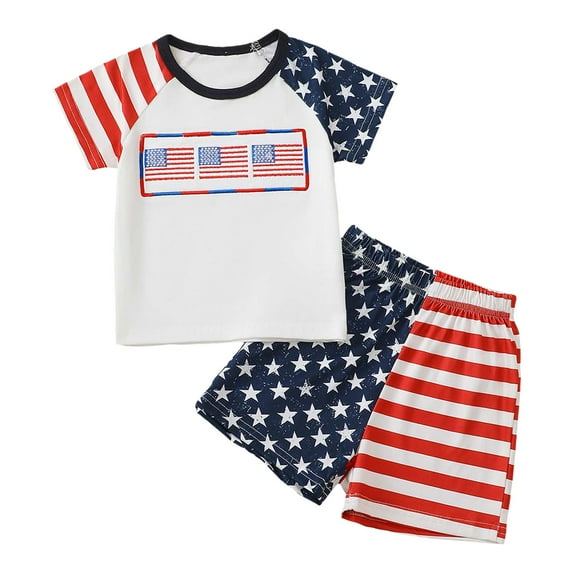 Gerichy 4th of July Baby Boy Outfits Flag Letter Short Sleeve T-Shirts Tops Stars Print Shorts Boy Summer Clothes Summer Boys Girls Independence Day Printing Round Neck T Shirt Short Casual Suit