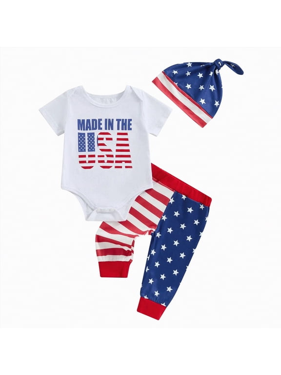 4th of July Baby Boy Outfit Newborn My First Fourth of July Romper +star Striped Pants+hat Clothes Set,6-12 Months