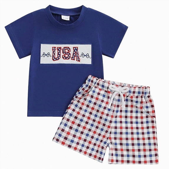 Gerichy 4th of July Baby Boy Summer Outfit Embroidery Letters T-shirt Plaid Shorts Set Toddler Fourth of July Clothes,18-24 Months
