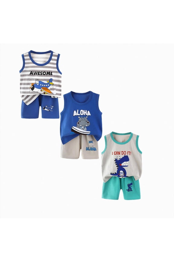 6Pcs Boys Summer Outfits 0 6 12 18 24 Months 2T 3T Baby Boy Clothes Set Cartoon Vest Tops+Shorts Summer Outfit
