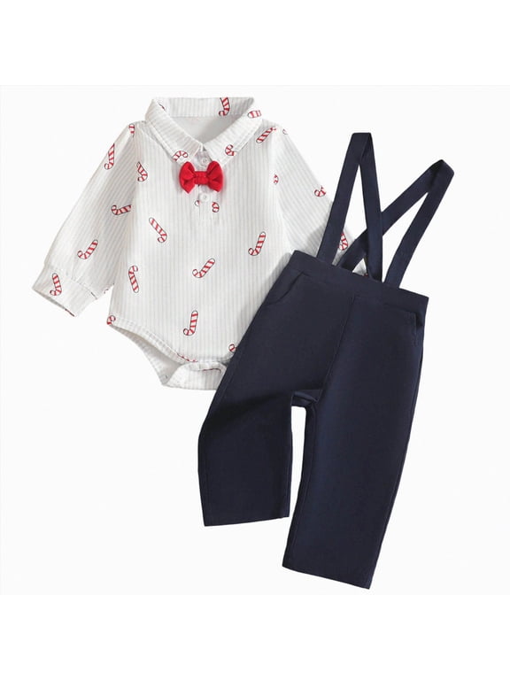 Baby Boy Christmas Outfit Toddler Gentleman Romper Suspender Pants Set Long Sleeve Shirt with Bow Tie Infant Dress Clothes 0-18 Months