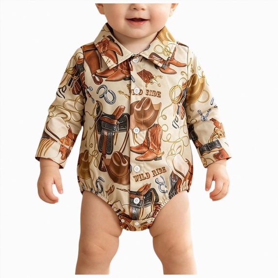 Gerichy Baby Boy Clothes Cowboy Shirt Romper Long Sleeve Button Down Dress Bodysuit 0 3 6 9 12 18 Months Infant Gentleman Outfits