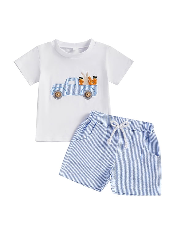 Baby Boy Easter Outfits 6 12 18 24 Months 2T 3T 4T Toddler Boys Summer Clothes Short Sleeve Truck Embroidery T-Shirt + Striped Shorts 2Pcs Set Carrot Boys Easter Outfits