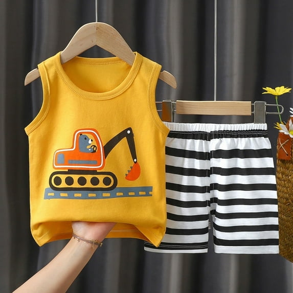 Gerichy Baby Boy Outfits Summer Outfits Set For Kids Boys Baby Toddler Cartoon Car Outfits Vest Sleeveless Printed Dinosaur Tops+Shorts Boys Tops+Shorts Summer Outdoor Outfits Suit