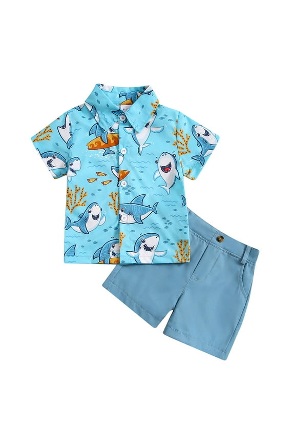 Baby Boys Clothes Summer Vacation Style Boys' Suit Shark Ocean Print Lapel Short Sleeve Shirt Shorts Two Piece Boys' Suit