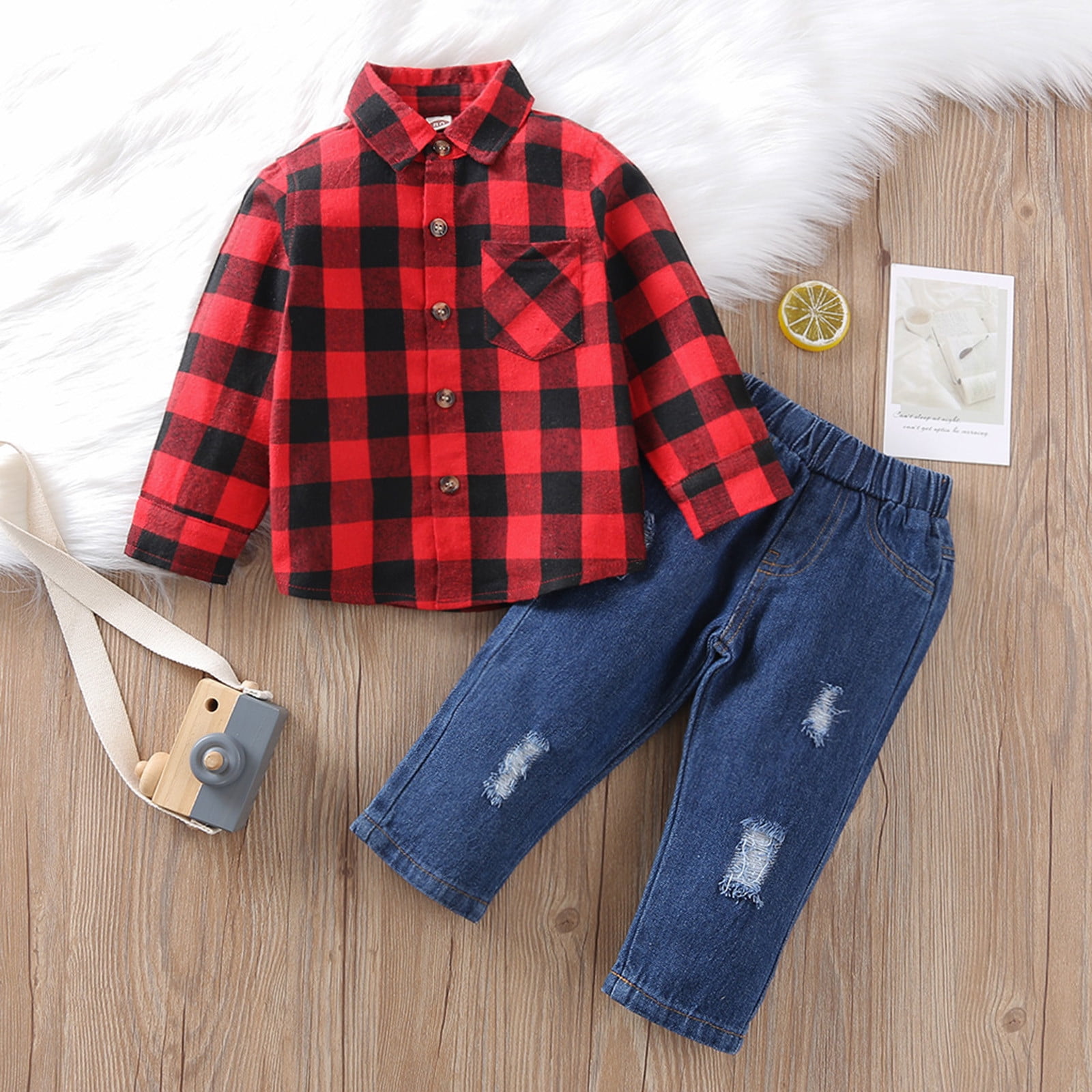 Baby Boys Outfits Boys 2PCS Fall Winter Clothing Set Toddler Boys Long Sleeve Plaid Top Denim Pants Set