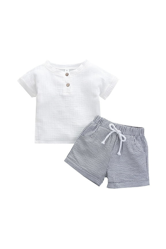 Baby Boys Summer Clothes Sets Outfits Unisex Spring Cotton Ribbed Short Sleeve Striped Shorts Outfits Clothes 18-24 Months